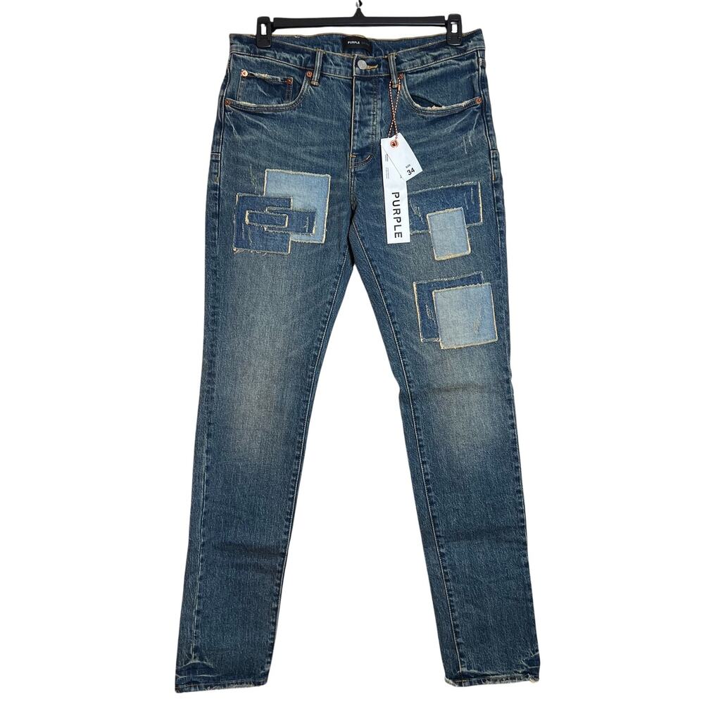 PURPLE Brand Square Patch Repair Slim Jeans Mens 34 Indigo Patchwork NWT